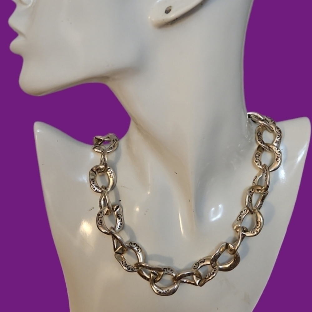 BRIGHTON Silver Plated Scroll Cuban Link Chunky Chain Necklace